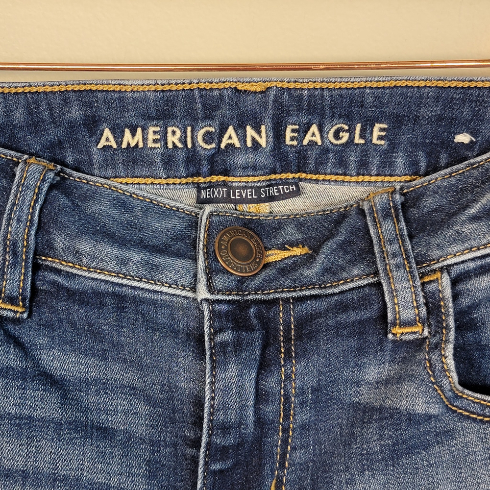 American Eagle Jeans Jeggings Skinny Distressed Mid Rise Medium Blue Wash AE 4 - Picture 3 of 12